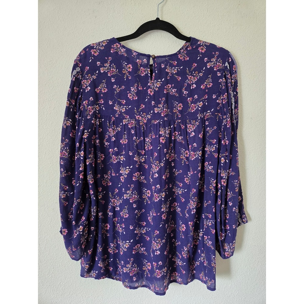 J. Jill Womens Medium Floral Boho Peasant Top Navy Blue Pink Rayon Wide Sleeve - Picture 6 of 10
